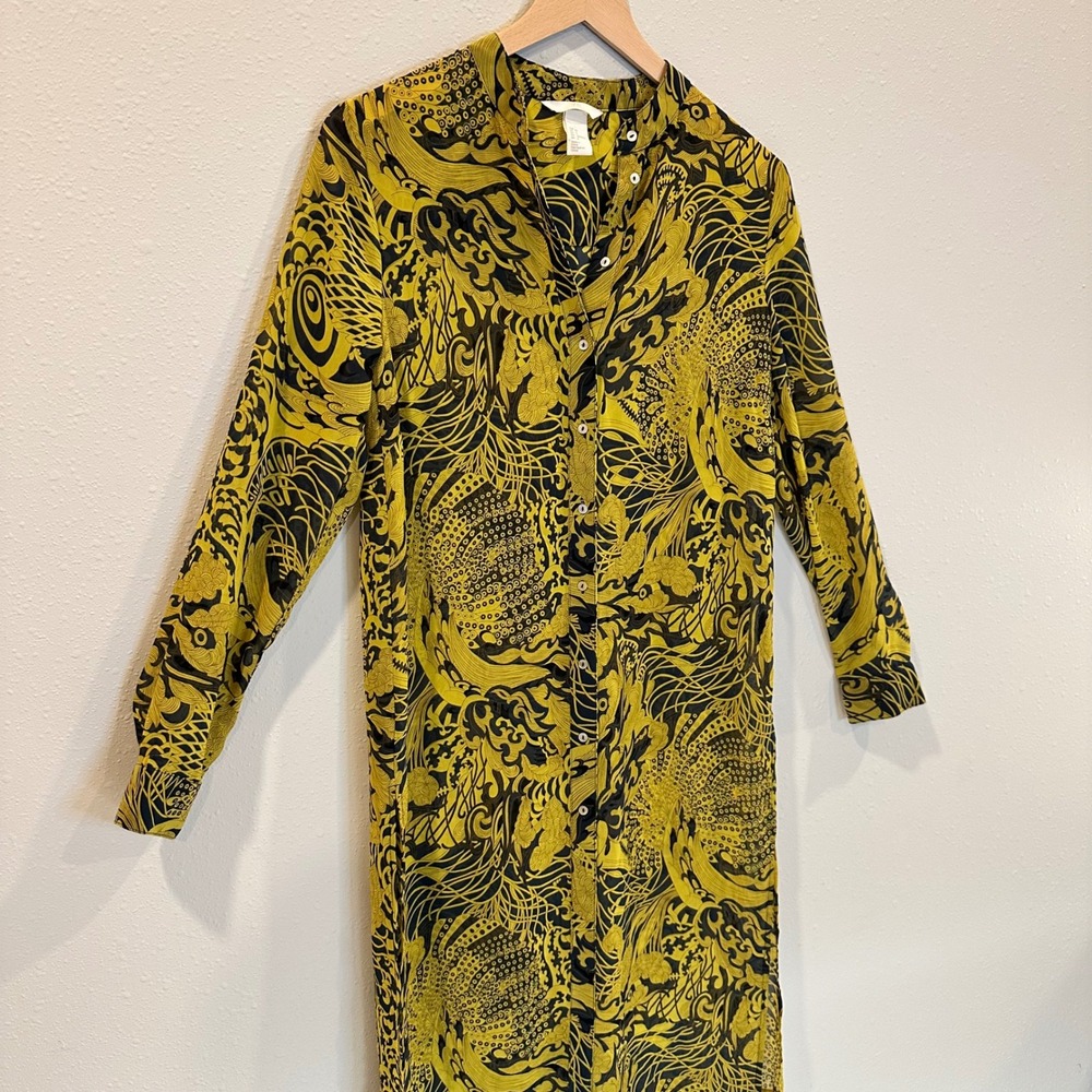 H&M Shirt Dress Women 4 Yellow Black Dragon Graphic Print Boho Sheer Lightweight - Picture 9 of 12